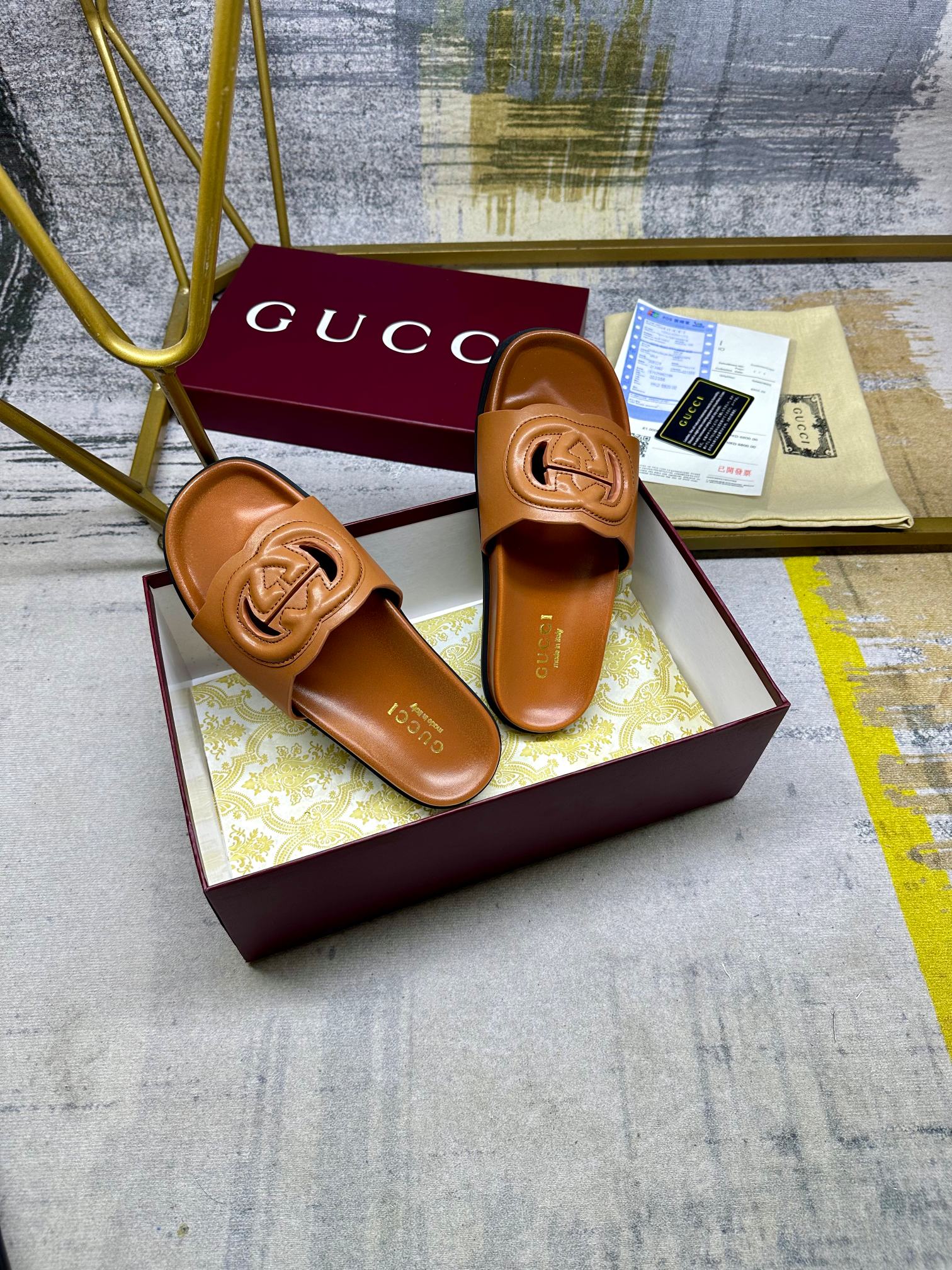 GG Slippers Caramel Brown Leather 235099