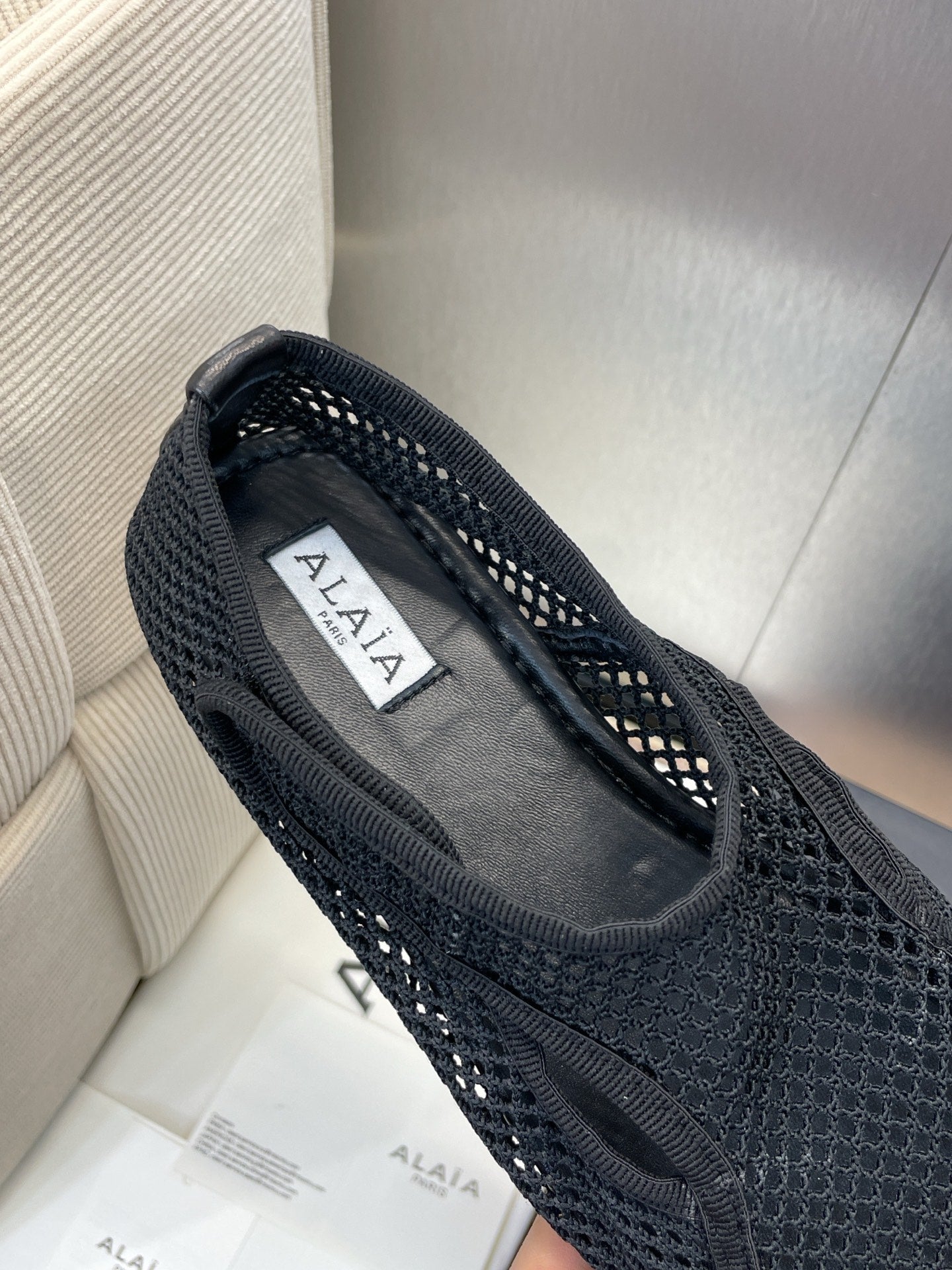 Alaia 2026 Ballet Flats Black Mesh Leather 373183