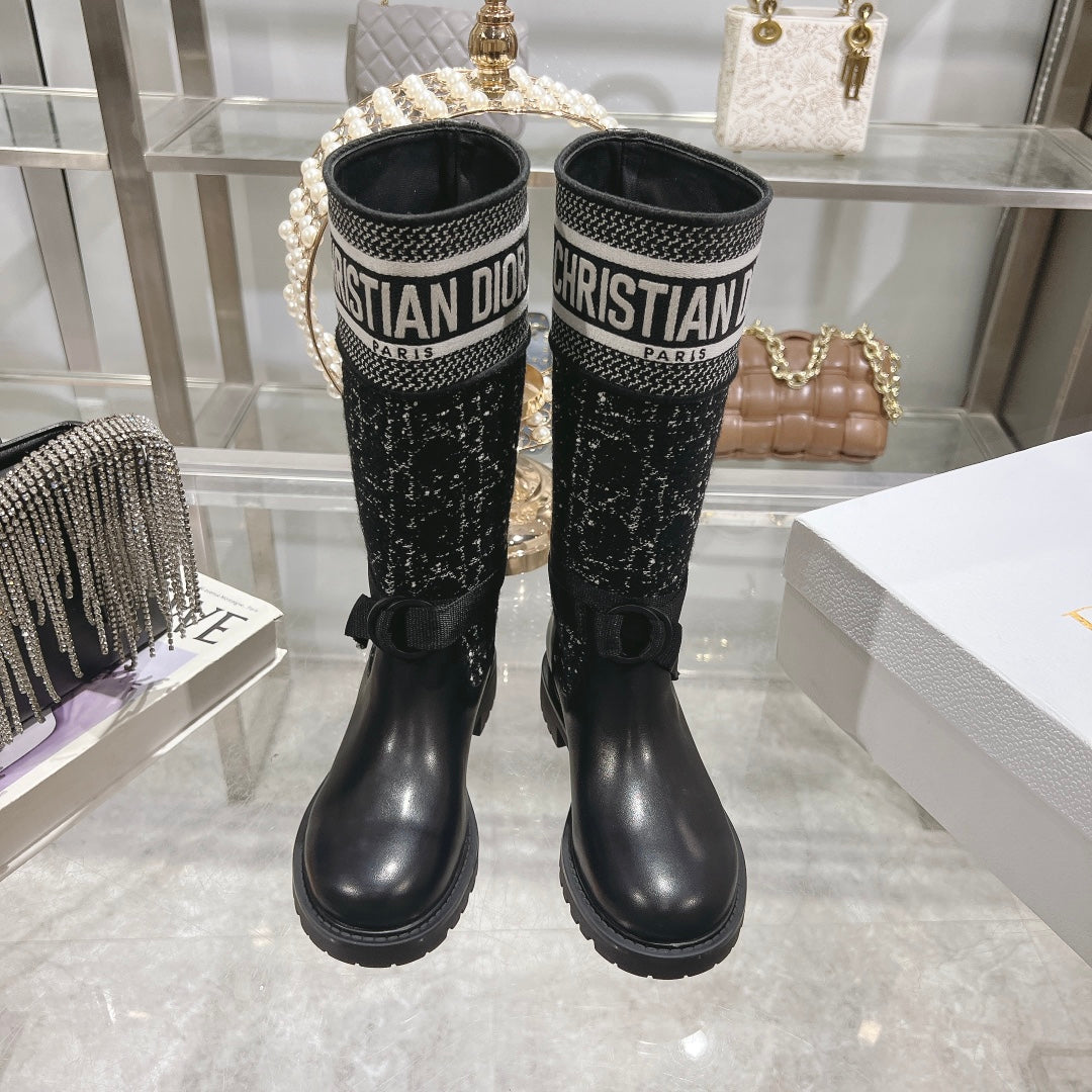 CD D-Major Boot Black Mix White Calfskin And Tweed Fabric